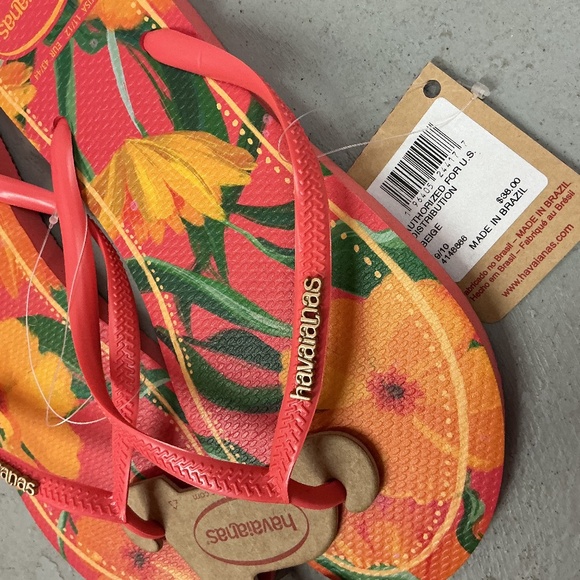 NWT Havaianas Slim Flip Flops Tropical Coral with Gold Metallic Logo on Strap - Picture 8 of 9